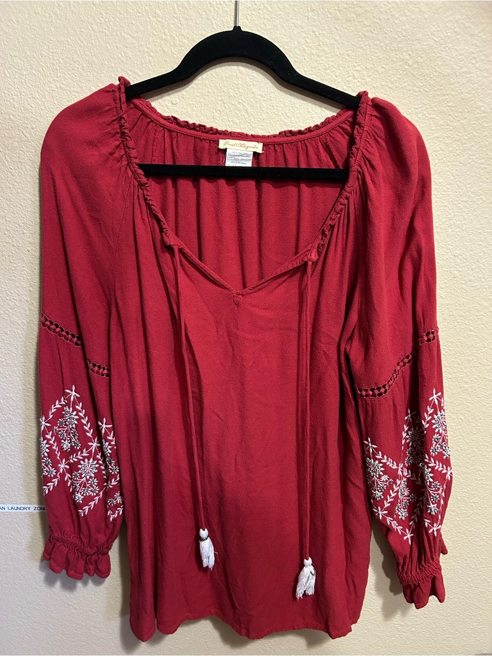 Magnolia Red Embroidered Boho Peasant Tunic
